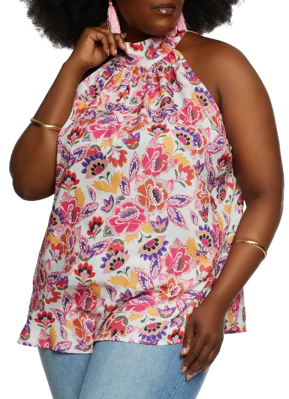 Plus Size Floral Print High Neck Blouse