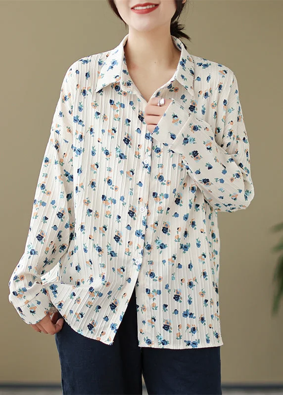 Art White Peter Pan Collar Print Cotton Shirts Fall