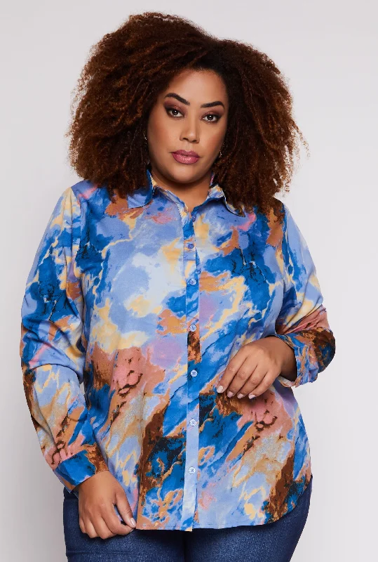 Plus Size Marble Print Button Front Shirt