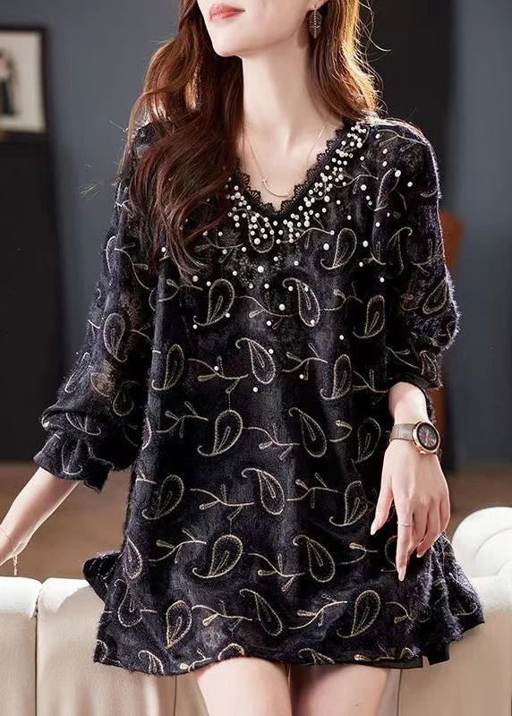 Loose Black V Neck Nail Bead Lace Blouse Spring