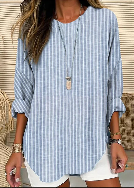 Loose Blue Striped O-Neck Patchwork Cotton Blouses Fall