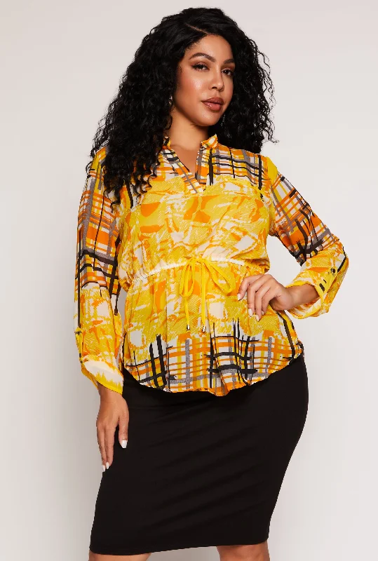 Plus Size Plaid Printed Tie Waist Top