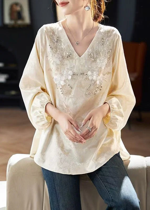 Jacquard Beige V Neck Zircon Chiffon Blouses Spring