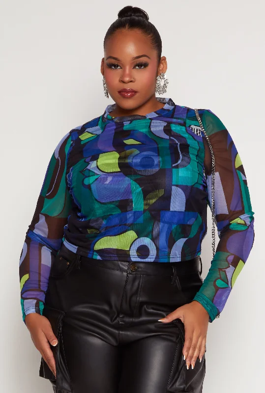 Plus Size Mesh Abstract Print Long Sleeve Crop Top