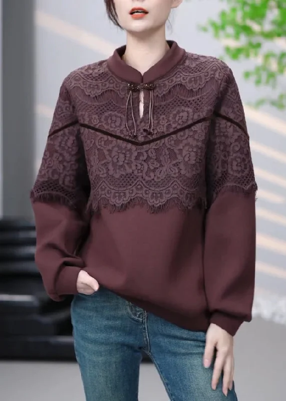 Vintage Brown Lace Patchwork Cotton Sweatshirt Winter