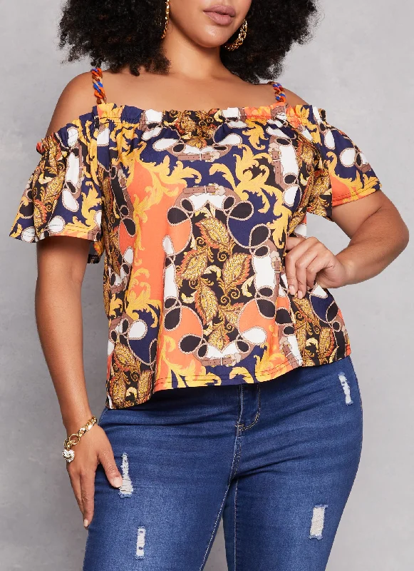 Plus Size Patterned Cold Shoulder Blouse