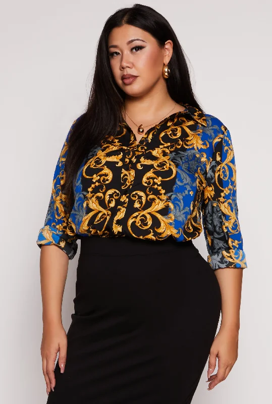 Plus Size Color Block Baroque Print Shirt