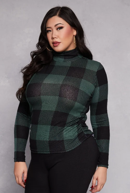 Plus Size Buffalo Plaid Mock Neck Top