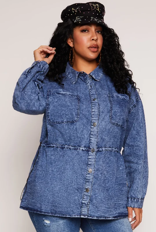 Plus Size Toggle Drawstring Waist Acid Wash Shirt