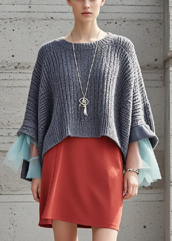 Beautiful Grey Oversized Patchwork Knit Pullover Fall