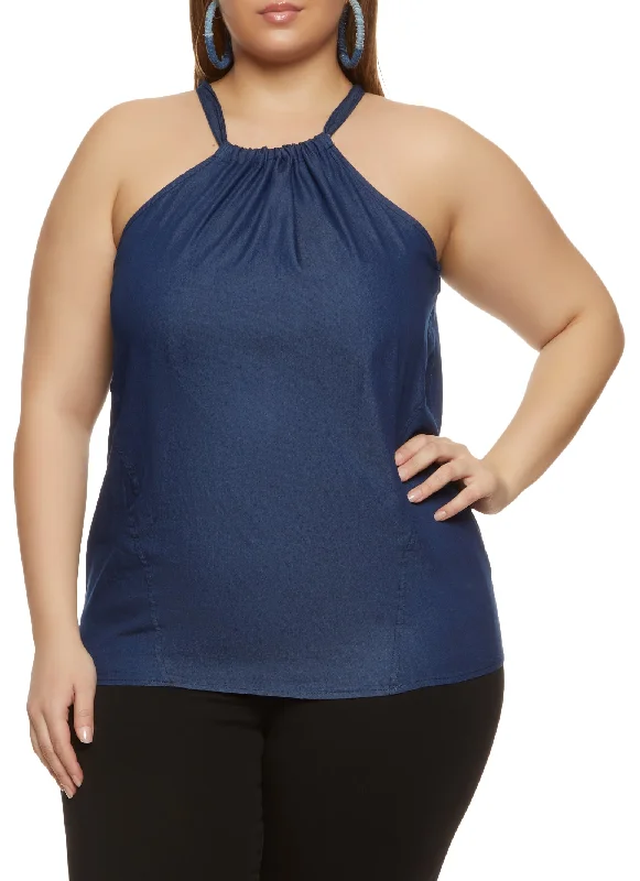 Plus Size Solid Denim Halter Top