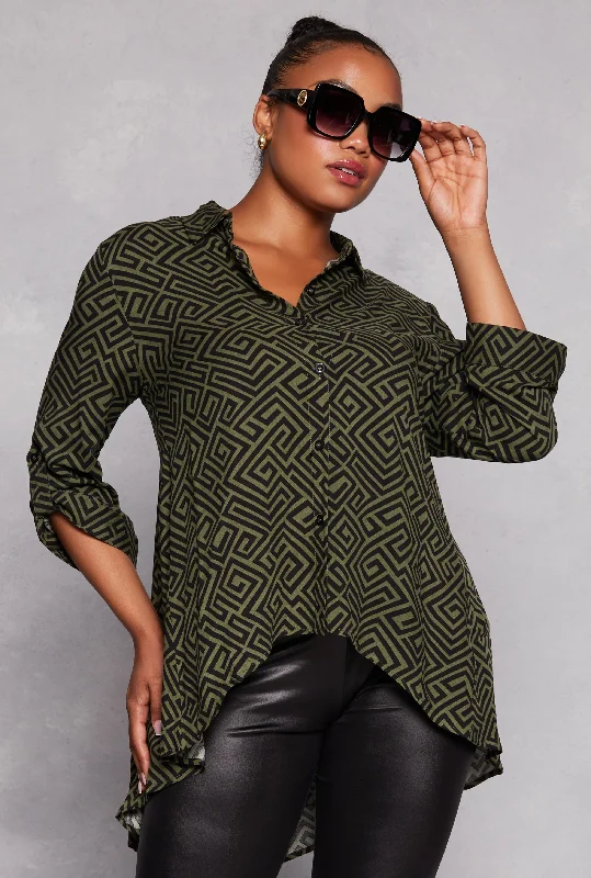 Plus Size Geometric Print High Low Shirt