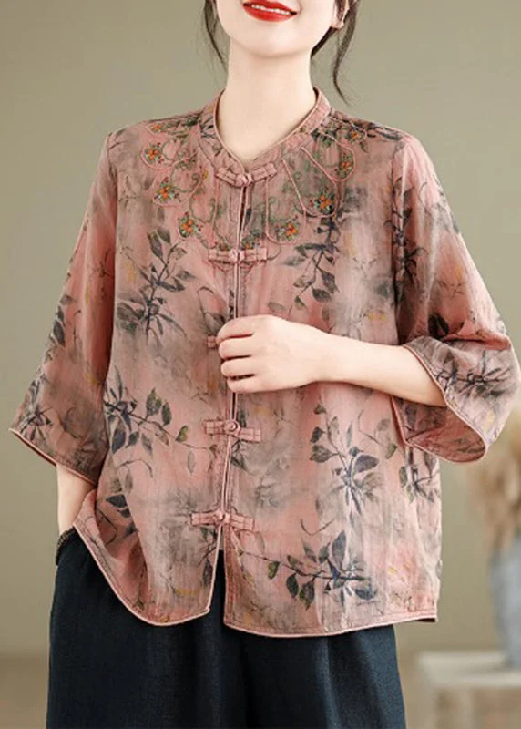 Loose Inki Pink Print Button Shirt Spring