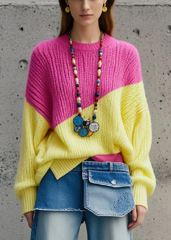 Art Colorblock Oversized Patchwork Knitted Cozy Tops Fall