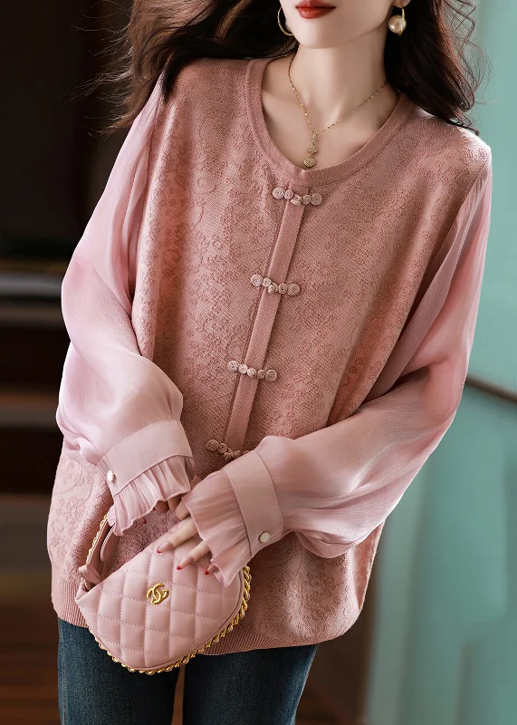 Classy Pink O Neck Chiffon Jacquard Patchwork Knit Shirt Fall