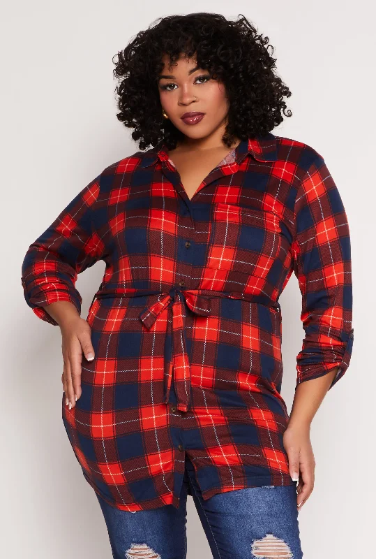 Plus Size Plaid Tie Waist Belted Shirt