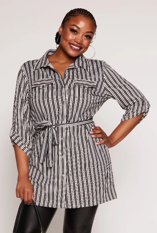 Plus Size Striped Tie Waist Button Front Tunic Shirt