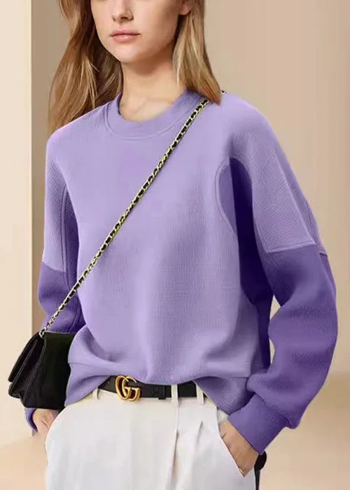 Women Purple O Neck Patchwork Cotton Sweatshirt Fall