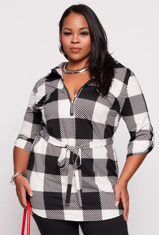 Plus Size Buffalo Plaid Half Zip Tunic Top