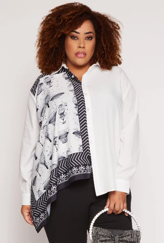 Plus Size Half Print Button Front Long Sleeve Shirt