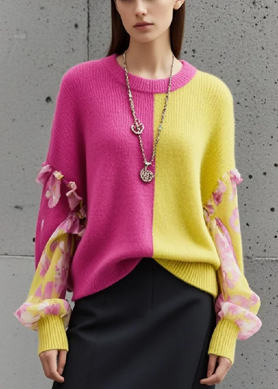 Original Design Colorblock Oversized Patchwork Knit Pullover Fall