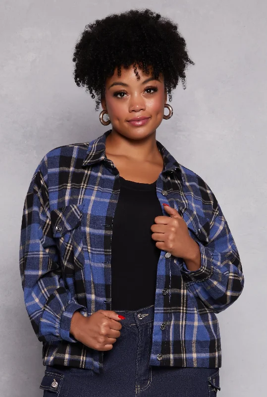 Plus Size Plaid Brushed Knit Flannel Shirt