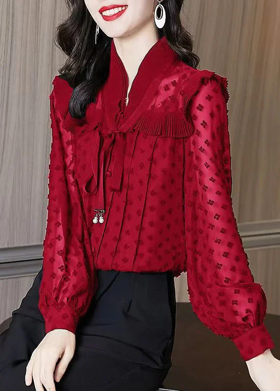 Unique Red Ruffled Jacquard Chiffon Shirts Lantern Sleeve