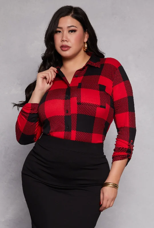 Plus Size Buffalo Plaid Tabbed Sleeve Shirt