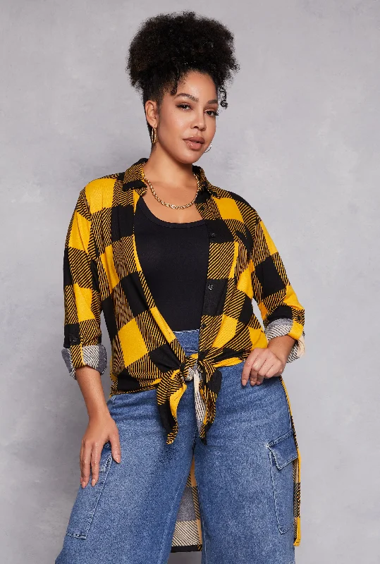 Plus Size Plaid Tie Front High Low Top