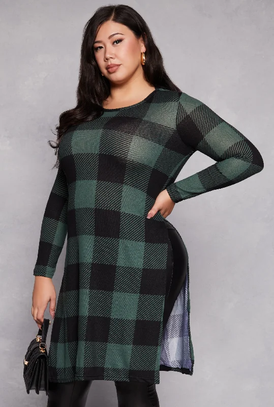 Plus Size Buffalo Plaid Side Slit Tunic Top