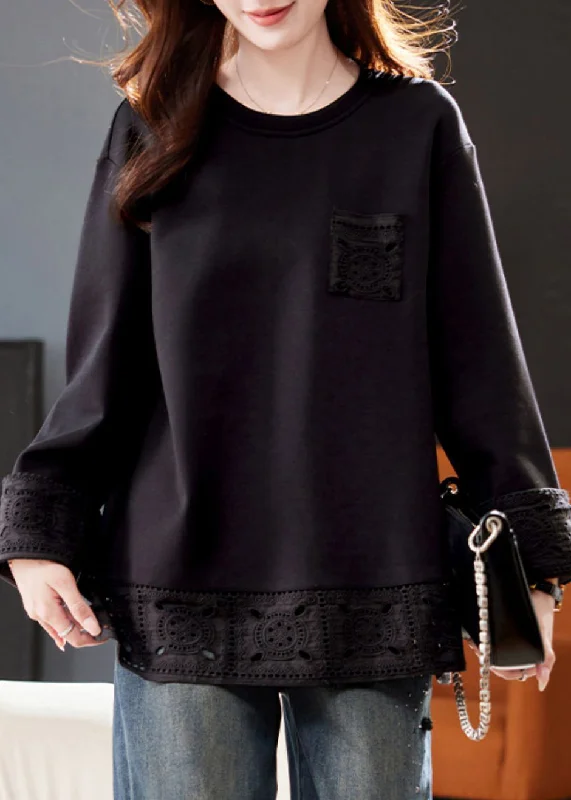 Simple Black O Neck Hollow Out Patchwork Cotton T Shirts Winter