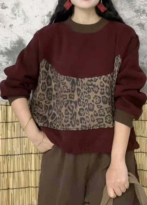 Bohemian Mulberry O Neck Leopar Patchwork Warm Fleece Top Winter