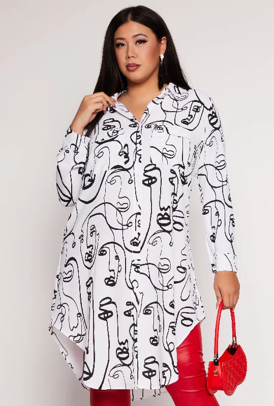 Plus Size Face Print Button Front Tunic Shirt