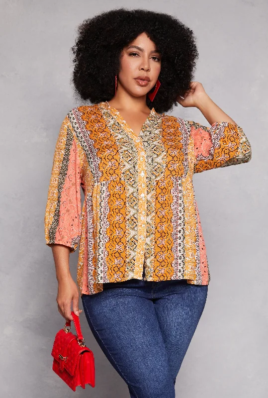 Plus Size Border Print Boho Top