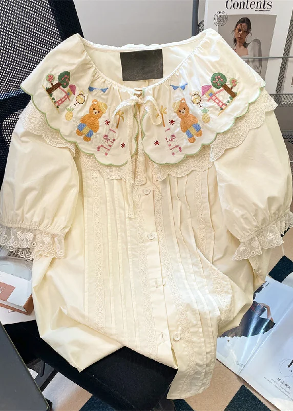 Cute Apricot Peter Pan Collar Embroidered Patchwork Cotton Shirts Summer