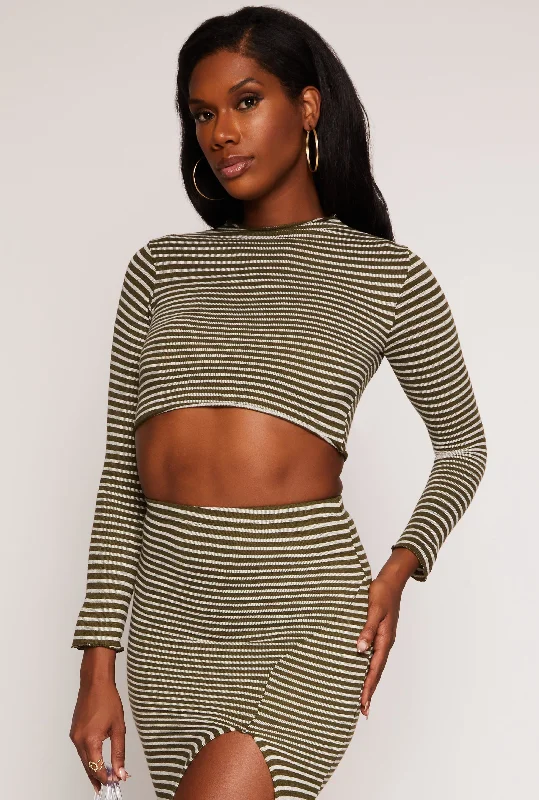 Striped Rib Knit Lettuce Edge Crop Top