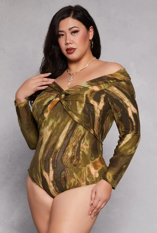 Plus Size Printed Pattern Twist Front Bodysuit