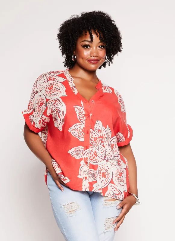 Plus Size Floral Print Button Front Cuffed Sleeve Blouse