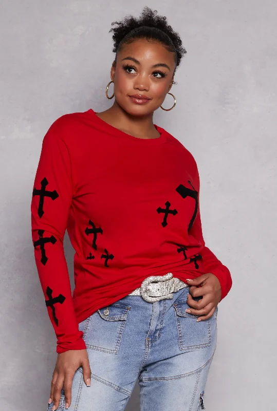 Plus Size Velvet Burnout Cross Graphic T Shirt