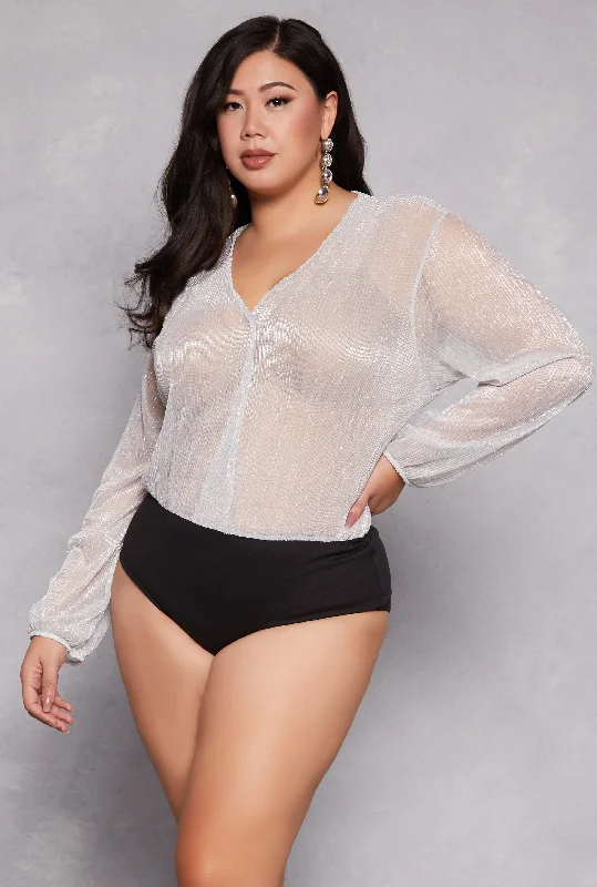 Plus Size Lurex Surplice Bubble Sleeve Bodysuit