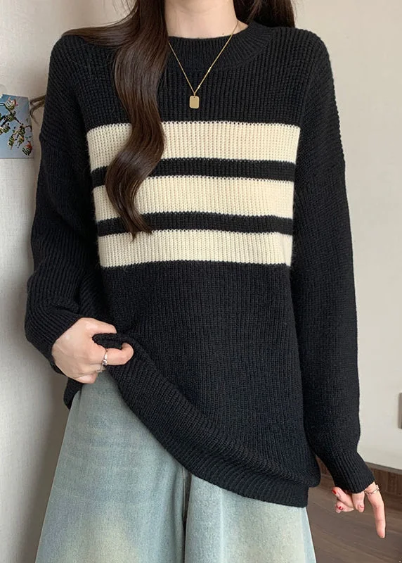 Black Striped Thick Knitted Tops Oversized Fall