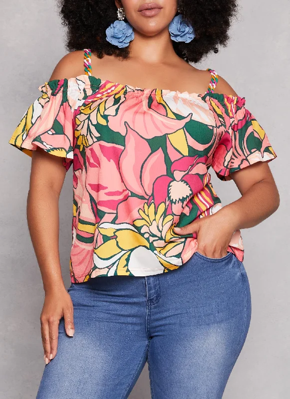 Plus Size Patterned Cold Shoulder Blouse