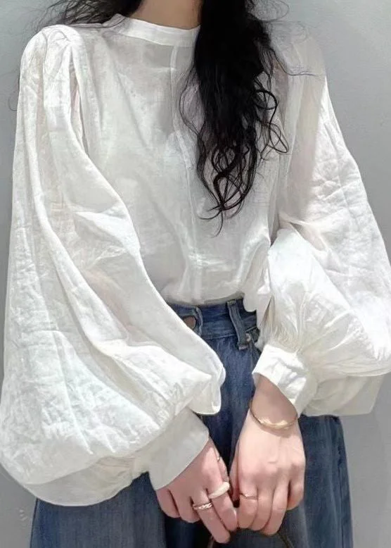 Style Simple White Cotton Shirt Tops Lantern Sleeve