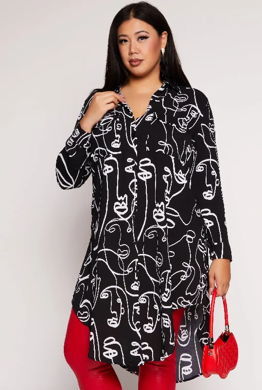 Plus Size Face Print Button Front Tunic Shirt