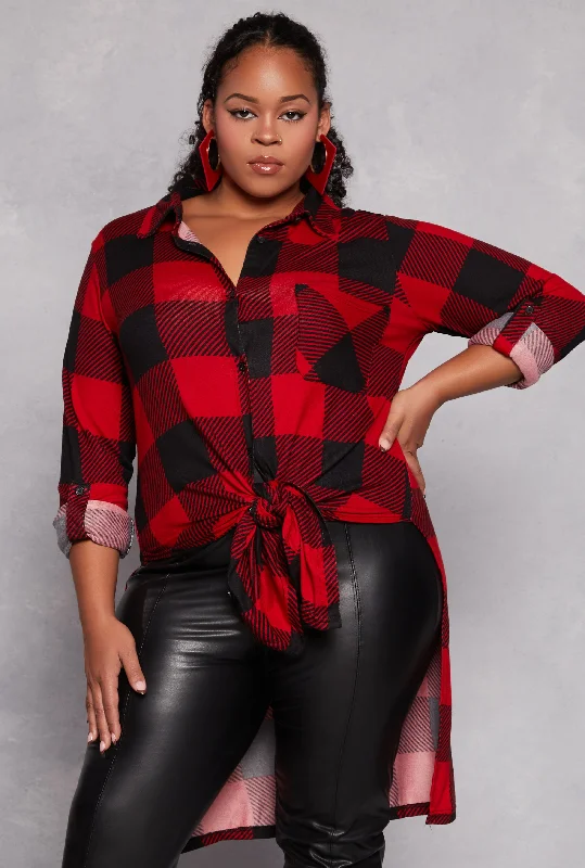 Plus Size Plaid Tie Front High Low Top