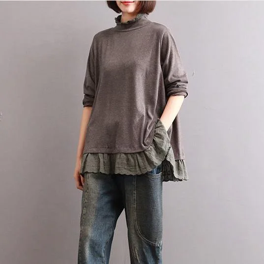 Fall Long Sleeve Cotton T-Shirt Loose Patchwork Lace Casual Pullover