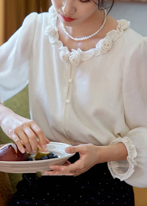 French White Ruffled Floral Cotton Shirts Spring