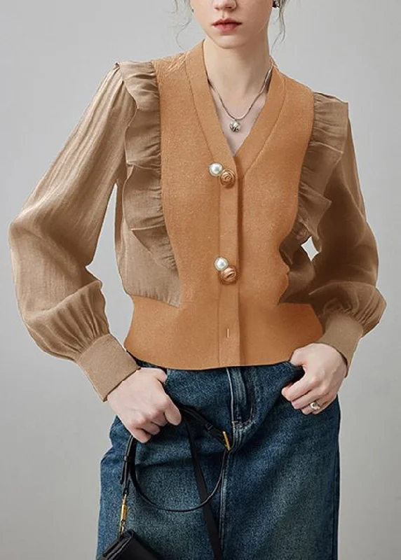 Chic Khaki V Neck Ruffled Patchwork Silk Blouses Spring