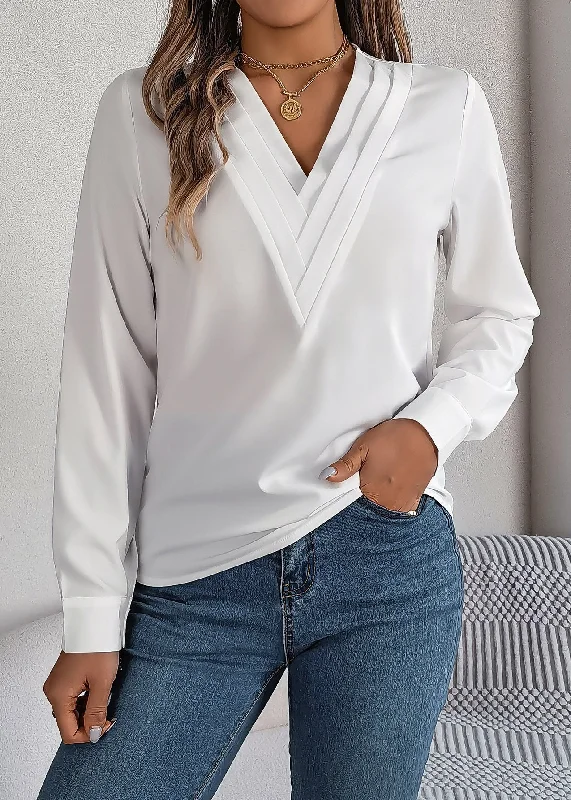 Women White V Neck Patchwork Cotton Shirt Fall