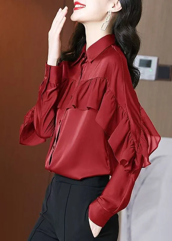 Beautiful Red Peter Pan Collar Ruffled Patchwork Silk Shirts Spring